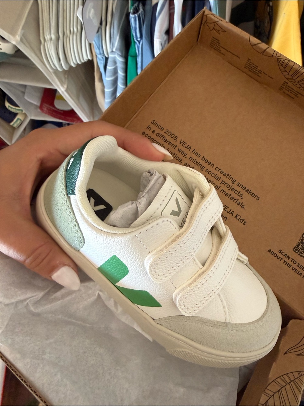 Veja Kids White Sneakers with Green Logo and Light Gray Accents - Picture 2 of 2